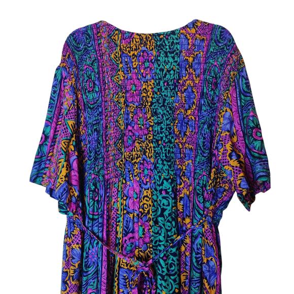 Vtg 90s More Jazz Colorful Abstract Artsy Smocked Tie Back Kaftan Midi Dress 3X - Picture 5 of 8